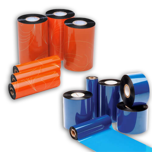 rollos de ribbon de cera azul y naranja